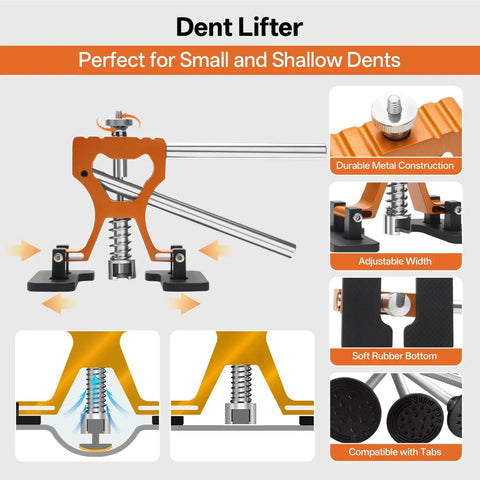 Dual Grade Dent Repair Kit for Cars With Adjustable Dent Lifter and Heavy Duty Bridge Puller for Paintless Dent Removal Tools Ideal for Auto Body DIY Car Care and Mobile Repairs Pro Grade PDR Kit, orange metal dent lifter for small shallow dents