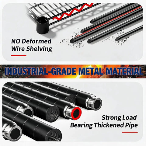 4 Tier Hella Heavy Duty Adjustable Steel Wire Storage Shelving Rack with Thickened Black Matte Finish Rust Resistant and Super Stable Load Capacity for Home Garage Organization Beast Mode Setup showcasing industrial-grade metal components and thickened pipes.