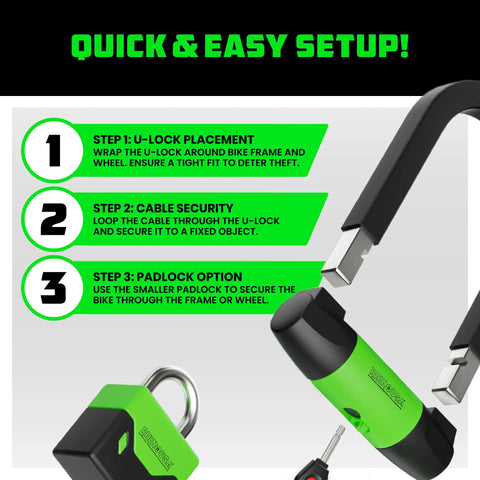Steps for using Heavy Duty Bike Lock Set With U Lock, 4Ft Steel Security Cable, Padlock And Four Lighted Keys For E Bikes, Motorcycles