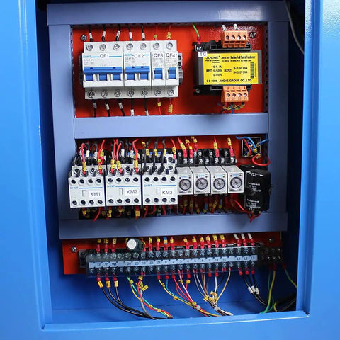 Inside view of control panel for Heavy Duty Programmable Electric Tube Bender With PLC And 2 HP Motor, featuring wiring and components.