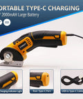 Sturasy Cordless Power Scissors With Safety Lock And Rechargeable Battery showcasing Type-C charging port and battery features.