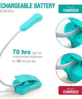 Rechargeable Book Light For Reading In Bed With 3 Color Temperatures And 3 Brightness Levels Ultra Lightweight Travel Buddy With Up To 70 Hours Of Battery Life Blue showing long battery life and charging indicators