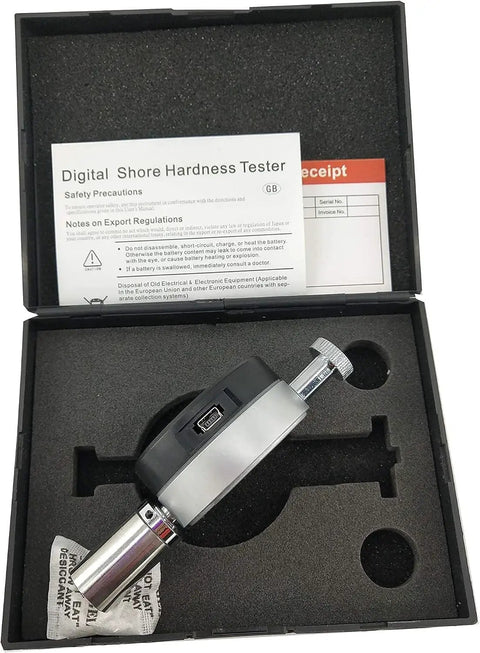 Dead On Accuracy Digital Shore A Hardness Tester inside protective case, with safety notes for quick soft rubber checks.