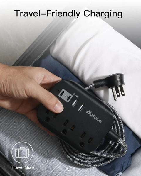 Travel Essentials Power Strip With USB Ports Compact Flat Plug Extension Cord 5ft Three Outlets Four USB Ports Non Surge Cruise Ship Ready Dorm Room Apartment Must Have Desktop Charging Hub