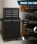 Rolling Tool Chest With Five Drawers Top Compartment And Two Section Base Cabinet Double Doors Heavy Duty Wheels Ultra Large Capacity Organizer For Garage Shop Workshop And Industrial Use black metal mobile cabinet with drawers and base doors