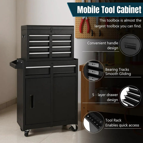 Rolling Tool Chest With Five Drawers Top Compartment And Two Section Base Cabinet Double Doors Heavy Duty Wheels Ultra Large Capacity Organizer For Garage Shop Workshop And Industrial Use black metal mobile cabinet with drawers and base doors
