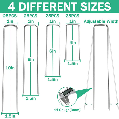 Heavy Duty Landscape Stakes Kit 100 Pack In 4 Inch 6 Inch 8 Inch And 10 Inch 11 Gauge Galvanized Staples For Weed Barrier Fabric