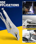 Grab Yourself a Killer Set of These 8 Inch Locking Sheet Metal Clamps Forged Tough With Wide Duckbill Jaws to Pinch Shut Tight No Wiggle Room Perfect for Welding Auto Work and Heavy Duty Fabrication Gigs, shown in action for welding and auto repair.