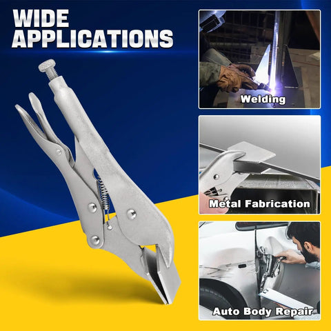 Grab Yourself a Killer Set of These 8 Inch Locking Sheet Metal Clamps Forged Tough With Wide Duckbill Jaws to Pinch Shut Tight No Wiggle Room Perfect for Welding Auto Work and Heavy Duty Fabrication Gigs, shown in action for welding and auto repair.