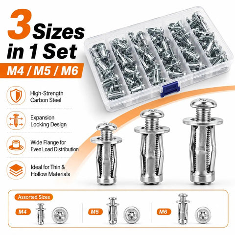 90 Piece Kickass Button Rivet Locking Nuts Set M4 M5 M6 High Strength Carbon Steel in plastic box for easy storage.