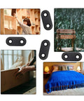 Top Shelf Black Straight Corner Braces Heavy Duty Flat Steel Angle Mounts Paired With All Matching Screws Included For Rock Solid Furniture Reinforcement And No Sweat Home Fixes displayed with images of furniture and home repair.