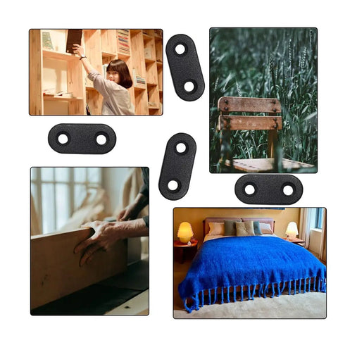 Top Shelf Black Straight Corner Braces Heavy Duty Flat Steel Angle Mounts Paired With All Matching Screws Included For Rock Solid Furniture Reinforcement And No Sweat Home Fixes displayed with images of furniture and home repair.