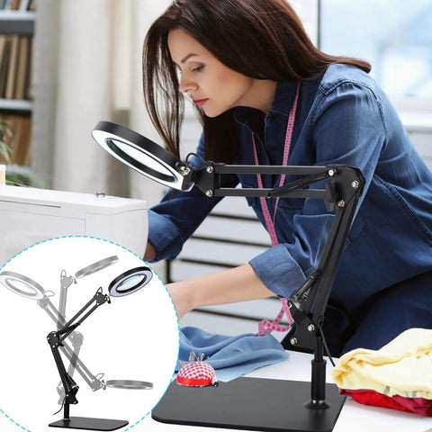 Woman using LED Magnifier Desk Lamp With Stand And Clamp Three Color Modes And Stepless Dimming 5 Diopter Real Glass Lens for sewing.