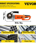 VEVOR 2300W Electric Pipe Threader Machine With Four Dies For 1/2 To 1 1/4 Inch Pipes, side view with specifications and pipe types.