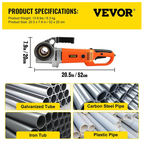 VEVOR 2300W Electric Pipe Threader Machine With Four Dies For 1/2 To 1 1/4 Inch Pipes, side view with specifications and pipe types.