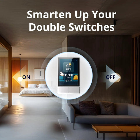 NSPanel Smart Wall Switch With Touchscreen, Two Channel WiFi Scene Controller For Lights And Climate in modern living room