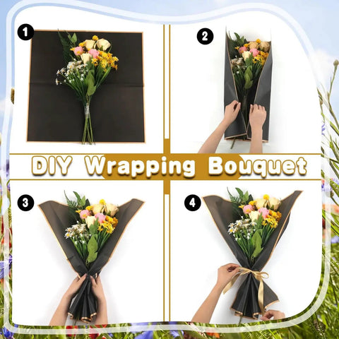 DIY steps using Black Flower Wrapping Paper With Gold Edges Dope For DIY Gift Wrapping Waterproof Sheets 58x58 Cm 225Gsm Durable Gift Wrap For Bouquets And Boxes 20 Sheets.