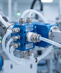 Close-up of pneumatic system with 1/4 Inch NPT Push In Air Union Fitting Straight Male Quick Connect Nickel Plated Brass Air Line Connector