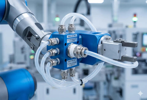 Close-up of pneumatic system with 1/4 Inch NPT Push In Air Union Fitting Straight Male Quick Connect Nickel Plated Brass Air Line Connector