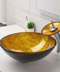 USZWBY Bathroom Vessel Sink,Tempered Glass Yellow Art Basin Round Bowl, 16.5" Bathroom Sinks with Waterfall Faucet and Pop Up Drain,Countertop Installation