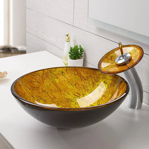 USZWBY Bathroom Vessel Sink,Tempered Glass Yellow Art Basin Round Bowl, 16.5" Bathroom Sinks with Waterfall Faucet and Pop Up Drain,Countertop Installation