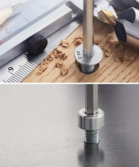 Close-up of a metal screw tool being used with a ruler and drill bits on a wooden surface