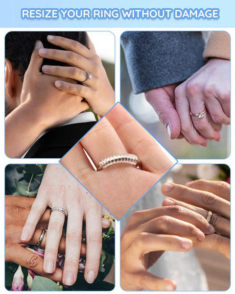 Invisible Ring Guards Kit With Spiral Silicone Size Adjusters 16 Pack In 4 Sizes For Loose Rings Ring Tighteners shown on hands