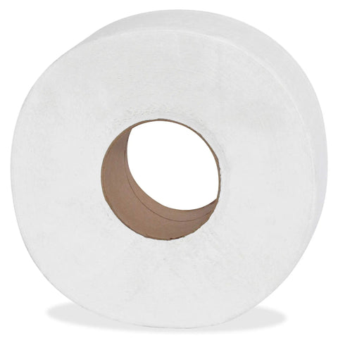 Jumbo 2 Ply Bath Tissue For Commercial Dispensers, Unscented White Toilet Paper Roll 3.3 Inch By 650 Foot, Recycled Fiber, side view.