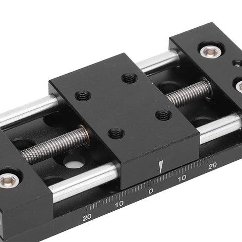 Close-up of Built Tough Aluminum X Axis Sliding Table with precision knobs and linear slide for micro adjustments.