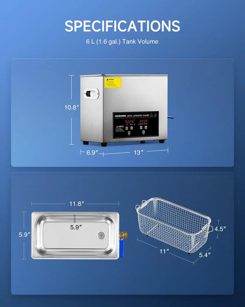 Pro Grade Ultrasonic Cleaner With Heater And Timer, 6L 1.6 Gallon Digital Sonic Cleaning Machine dimensions and basket view
