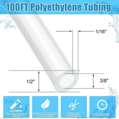 Diagram of 100 Ft White Translucent Polyethylene Tubing Food Grade Water And Beverage Hose For Pumps DIY Homebrew And Beer Brewing Projects 1/2 In OD, 3/8 In ID, 1/16 In Wall with dimensions