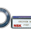 Heavy Duty Deep Groove Ball Bearing Duo 6902 VV Double Rubber Sealed Single Row 15 X 28 X 7 Mm beside packaging.