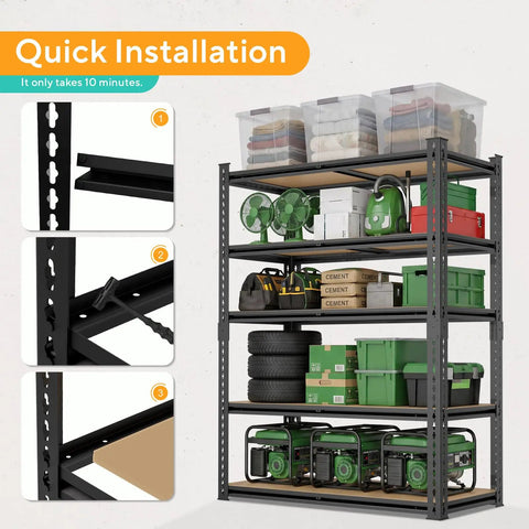 Beefed-Up Heavy Duty 5 Tier Adjustable Metal Shelving Unit With 2500 Lbs Capacity Ultra Sturdy Storage Rack For Garage Warehouse Pantry Closet And Kitchen Organization, black steel rack loaded with bins and tools