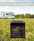 12V 5Ah LiFePO4 Deep Cycle Battery With Built In 6A BMS displayed on grass with RV in background, ideal for off grid use