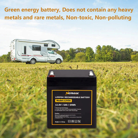 12V 5Ah LiFePO4 Deep Cycle Battery With Built In 6A BMS displayed on grass with RV in background, ideal for off grid use