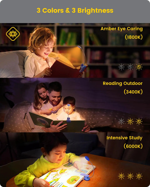 Children reading with 16 LED Book Light For Kids with Eye Caring Amber Mode and High CRI 95, showing three color temperatures.