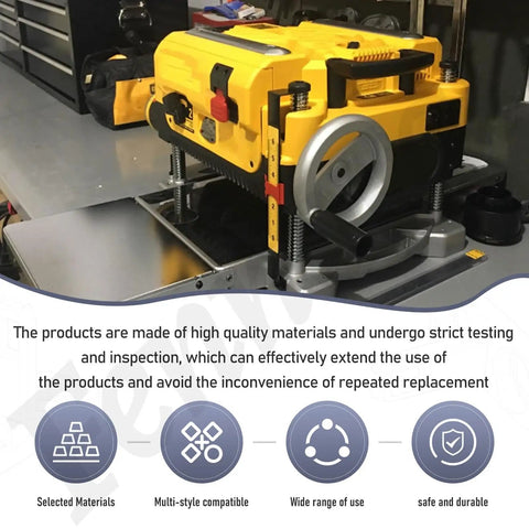 Top Shelf Planer Hardware Bag Replacement For DeWalt Dw7351 And Dw735X Tool Tables shows yellow planer on a workbench with accessories.
