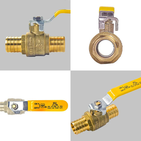 Five Pack 1 Inch By 1 Inch PEX Ball Valve Full Port Water Shut Off Kit With Ten Stainless Steel Cinch Crimp Rings UPC Certified