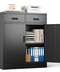 Heavy Duty Steel Storage Cabinet With Locking Doors And Two Drawers For Home Office Garage And School Use 36 Inch Tall Black Metal Cabinet