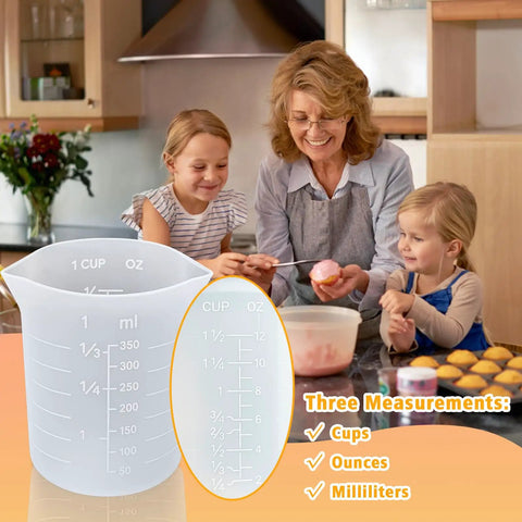 Family using Go To Silicone Chocolate Melting Cup Set With 4 Measuring Cups 250ml And 350ml And 4 Heat Resistant Jar Spatulas