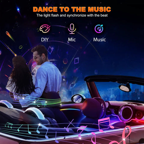 Couple enjoying music sync lighting with Interior Car LED Strip Lights Kit With Dreamcolor Chasing in a convertible at night
