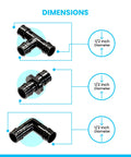 Half Inch Pex A Fittings Kit Elbow Tee And Coupler Set PPSU Material ASTM F1960 Certified Lead Free Water Supply And Radiant Heating No Glue Solder Or Flame Needed Pack Of 30, showing elbow, tee, and coupler with dimensions.