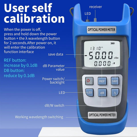 Blue handheld optical power meter with LCD display and control buttons, front view.