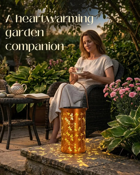 Woman enjoying garden with Dragonfly Solar Lantern Outdoor Decor For Patio And Garden, Waterproof Metal Hanging Light With LED Warm Glow