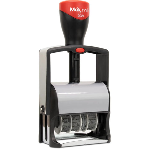 Heavy Duty Steel Frame Date Stamp With Black Ink And 12 Interchangeable Phrases Built Hella Tough, side view on white background.
