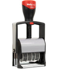 Heavy Duty Steel Frame Date Stamp With Black Ink And 12 Interchangeable Phrases Built Hella Tough For No Sweat Daily Processing While Handling Large Dates And Fast Ink Changes Easily, close-up view.