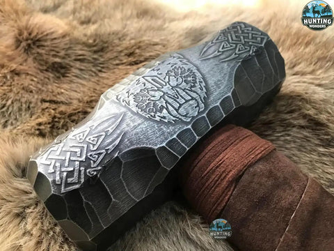 Custom Handmade Bear Engraved Decorative Hammer For Blacksmiths And Crafters, intricate steel head on fur background