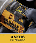 Close-up of 12V Max Cordless Three Eighths Inch Impact Wrench Tool Only With Brushless Motor, focus on speed settings button.