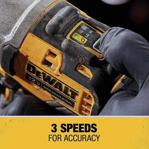 Close-up of 12V Max Cordless Three Eighths Inch Impact Wrench Tool Only With Brushless Motor, focus on speed settings button.