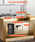 Kitchen setup with 2.5 Inch Brushed Gold Stainless Steel Sink Top Air Switch Kit For Garbage Disposal On Off Button Fits 1.25 To 1.38 Inch Sink Holes Works With Most Disposals Under 2HP Durable Countertop Mount and labeled components.
